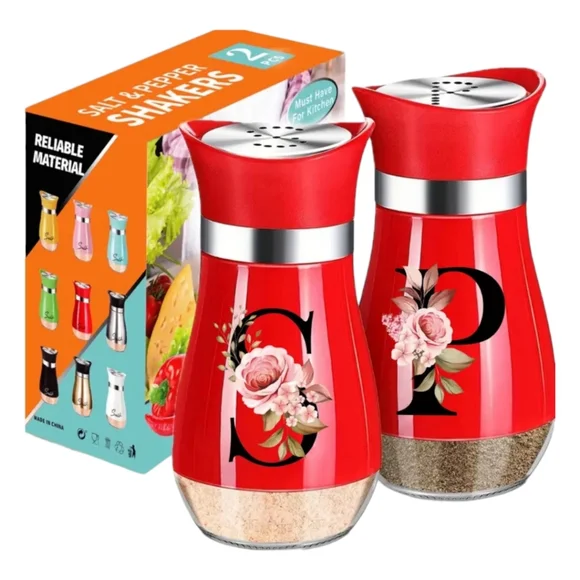 2 Piece Red Glass Salt & Pepper Shaker With Stainless Steel Lid - Picture 1 of 8